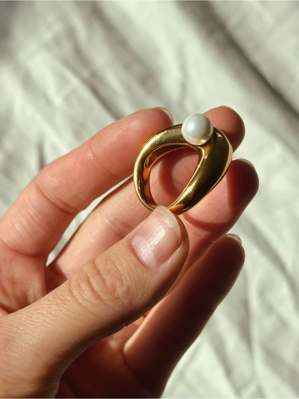 Sculptural Pearl Ring | Gold Stainless Steel | Chunky Geometric Statement Ring